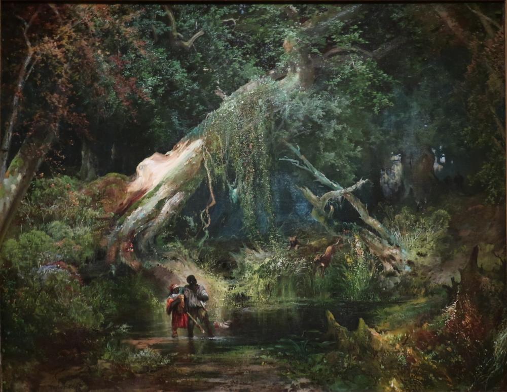 Painting of two Black people in front of a large, imposing, forest-like backdrop