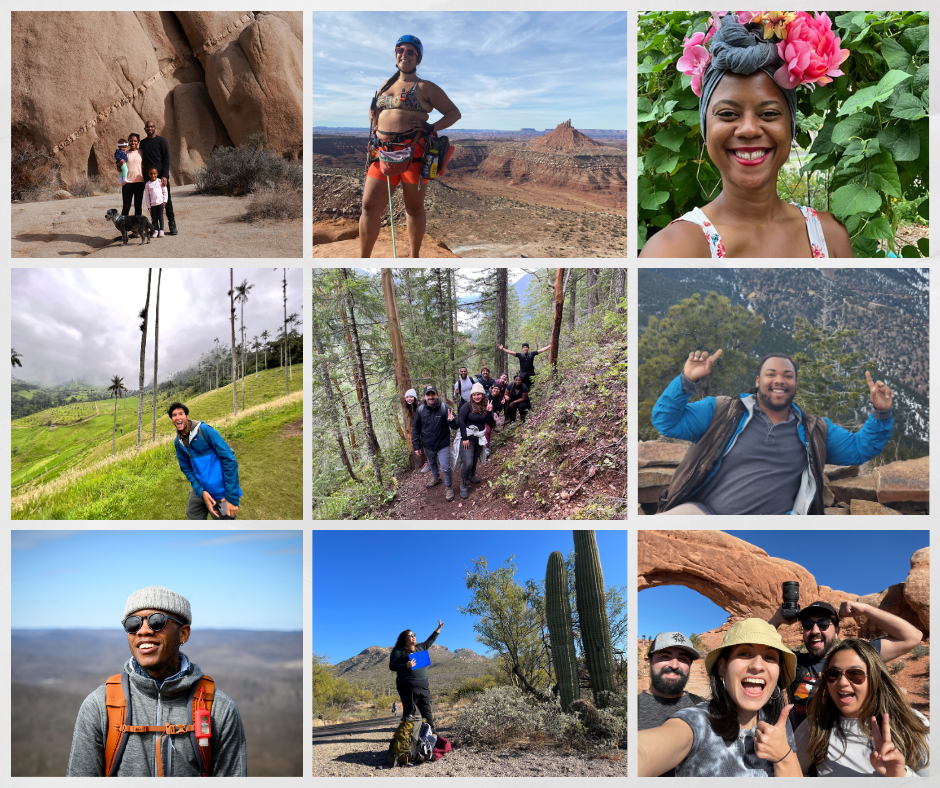 A collage of nine images of people outdoors