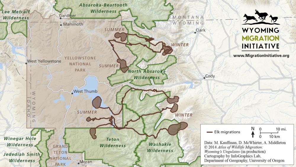 A map illustrates how elk in Wyoming use wilderness areas to access their summer range in Yellowstone National Park.
