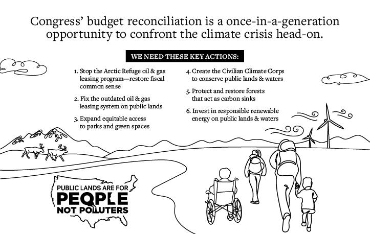 Black line-drawing of people moving from foreground toward mountains, wind turbines and antlered animals in distance. Title reads: "Congress' budget reconciliation is a once-in-a-generation opportunity to confront the climate crisis head-on." 