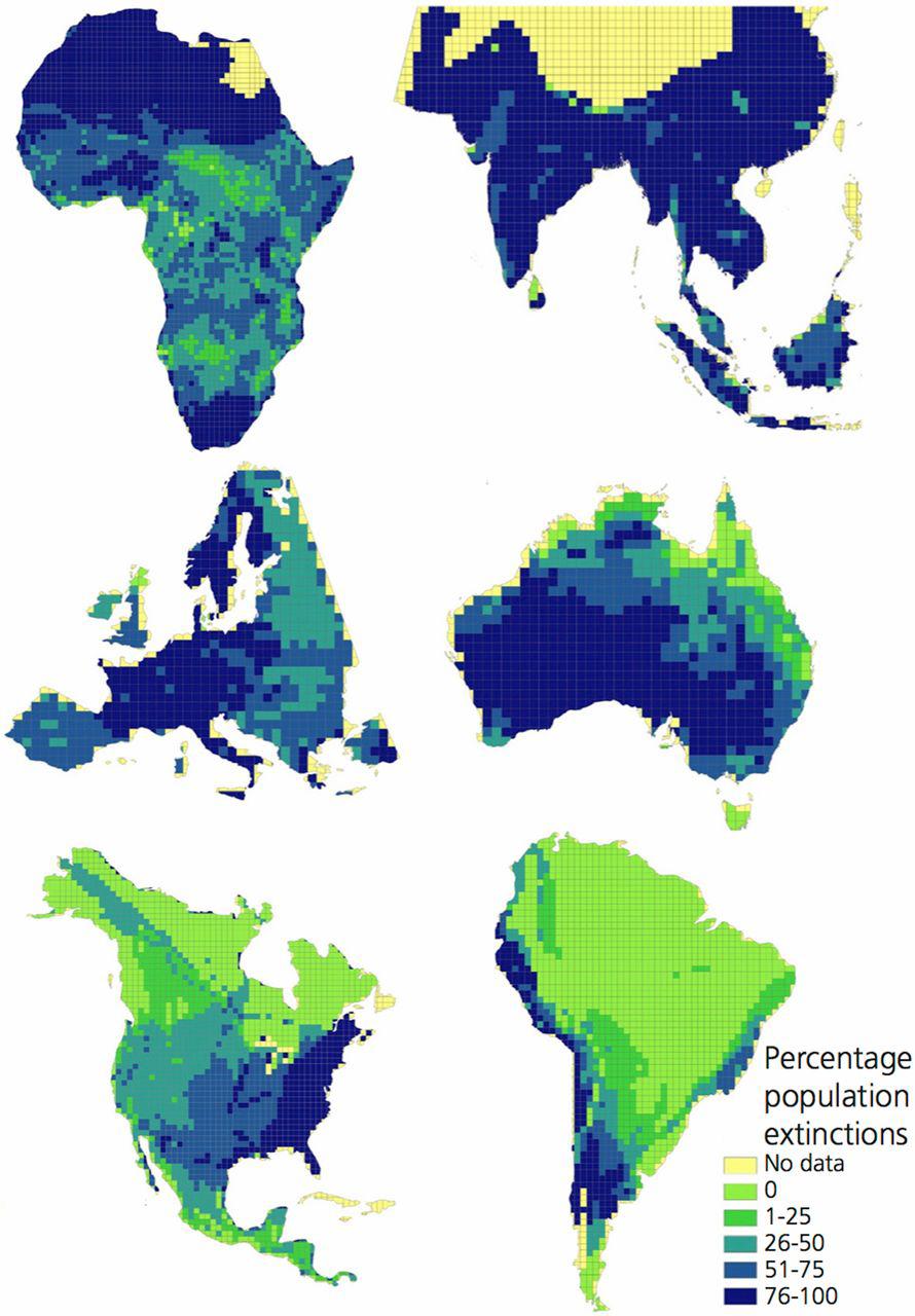 Charts of Africa, Asia, Europe, Australia, North America and South America with grid overlay illustrating percentage population extinctions along a blue-green color gradient
