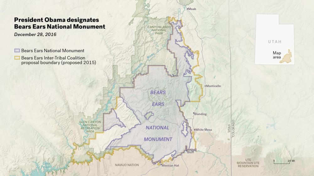 Map reading "President Obama designated Bears Ears National Monument" and comparing the boundaries to those proposed by the Bears Ears Inter-Tribal Coalition