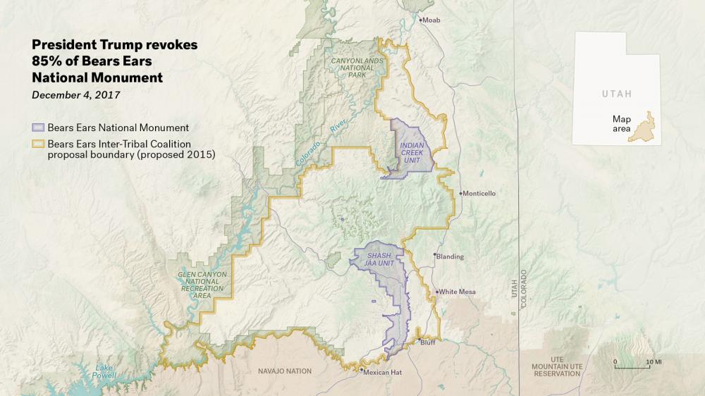 Map reading "President Trump revokes 85% of Bears Ears National Monument" and comparing the boundaries to those proposed by the Bears Ears Inter-Tribal Coalition