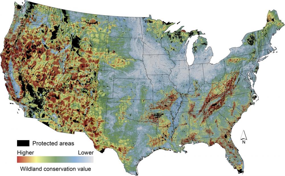 Map of contiguous U.S. including scale of wildland conservation value from lower (blue) to higher (red)