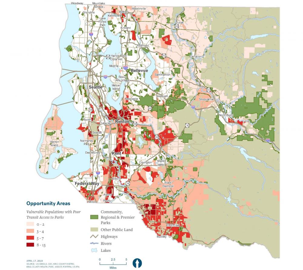 Areas of King County with both high concentrations of vulnerable populations and poor transit access to parks 