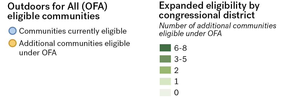 OFA map legend, communities currently eligible illustrated with blue points, additional communities eligible under OFA illustrated with yellow points. Gradients show expanded eligibility by congressional district.