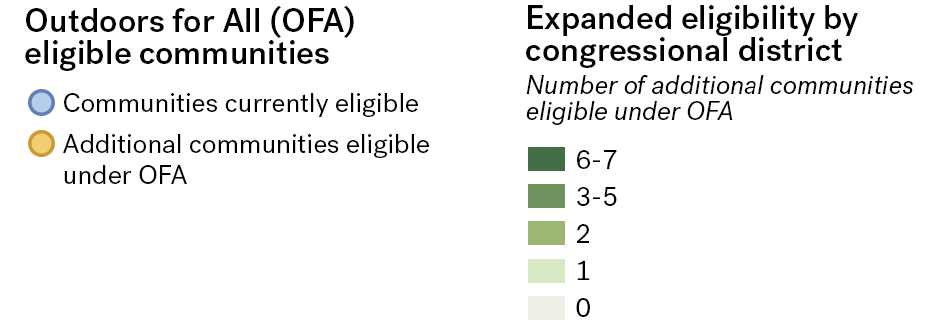 OFA map legend, communities currently eligible illustrated with blue points, additional communities eligible under OFA illustrated with yellow points. Gradients show expanded eligibility by congressional district. 