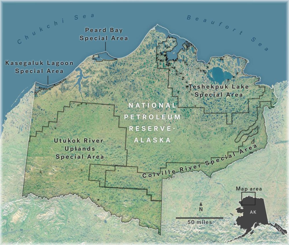 Map shows the special areas of the Western Arctic, also known as the National Petroleum Reserve-Alaska