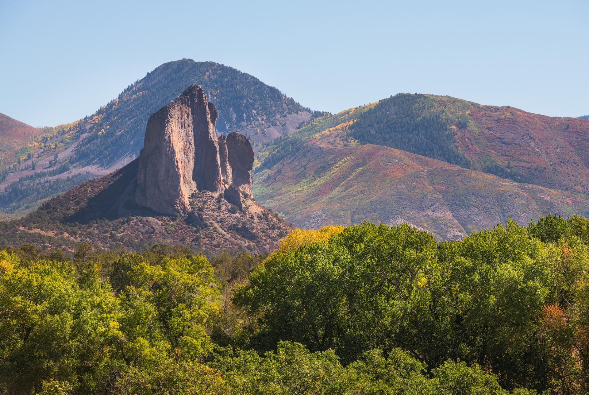 Mountains and fall foliage in North Fork Valley, Colorado.