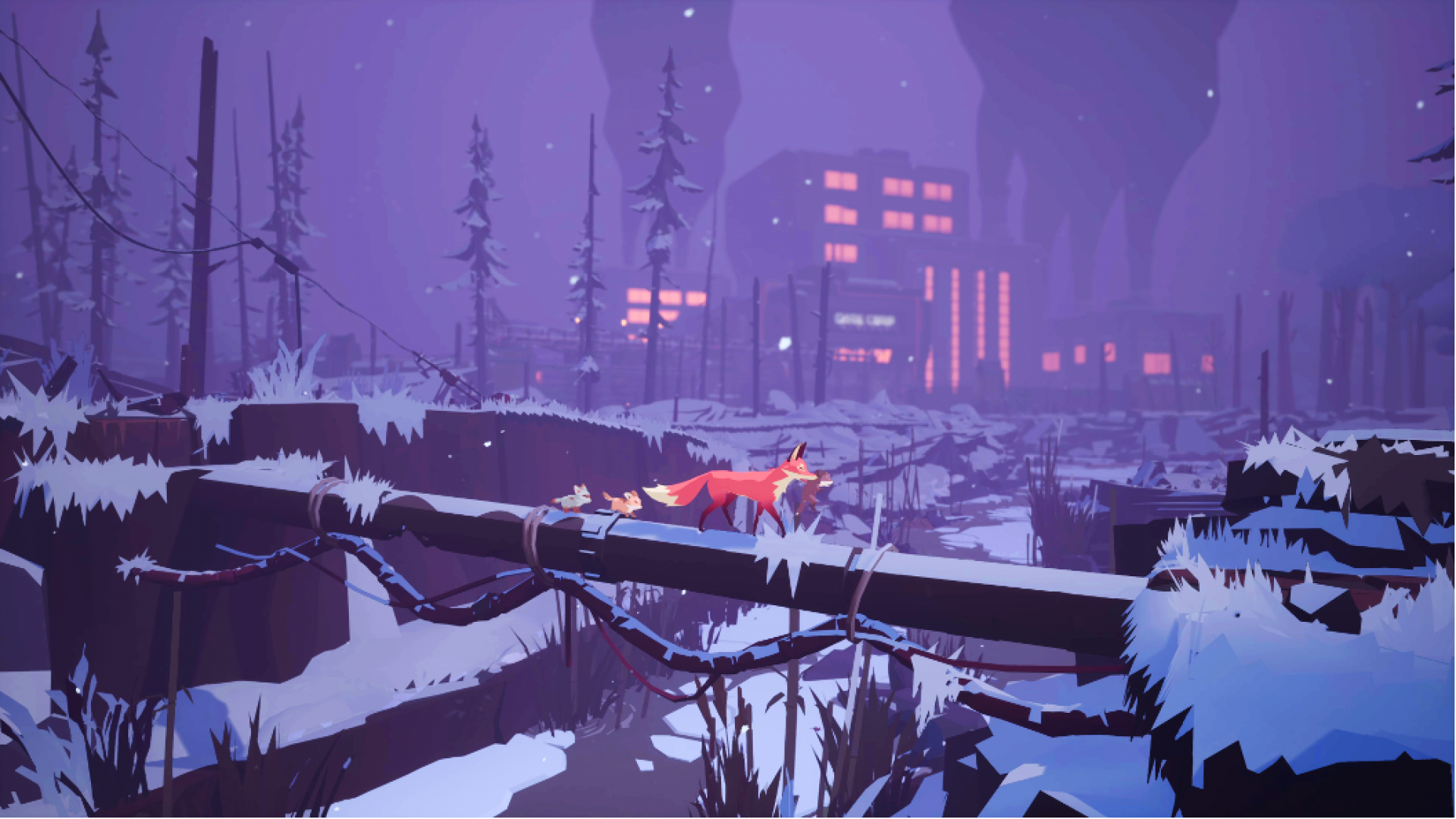 A mother fox and kits walk along a snowcovered log acting as a bridge between two cliffs. In the background is a polluting factory.