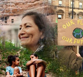 Photo collage of trees, woman's face, sandstone ruins, protesters, kids