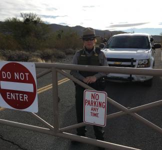 National Park Service officer at the main entrance to Saguaro National Park, Arizona