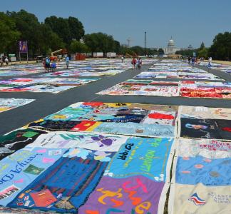 the AIDS quilt stretches out on the National Mall, with the Capitol in the back