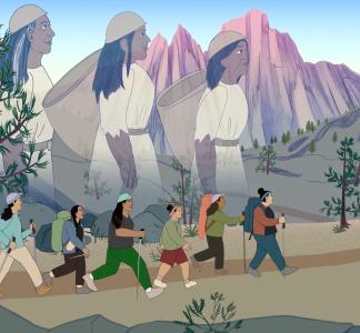 A group of women march on a trail where their ancestors from the past watch over them.