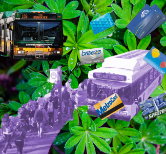 A line of people wait to get on a bus superimposed on top of a close of flora. A ring of different transit cards across the nation.