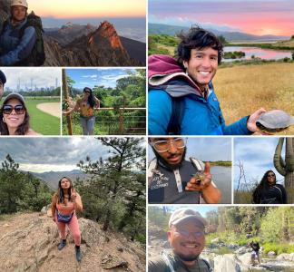 collage of eight pictures of people enjoying the outdoors and smiling to the cameras