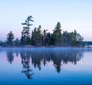 Trees and water at sunset in Boundary Waters Canoe Area, Minnesota.