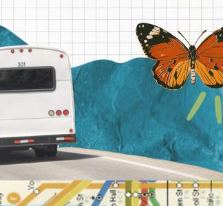 A collage of a bus driving down a road going towards a blue mountain overlaid on top of a transit map 