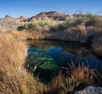 Brilliant blue body of water surrounded by desert grasses with rock formations in the background