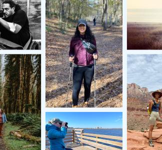collage of six images of people outdoors
