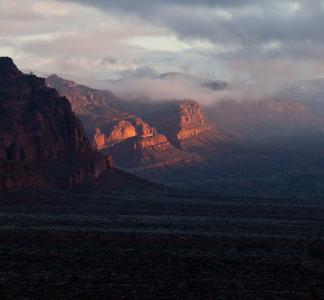 Sunset light hitting the cliffs in Cottonwood Canyon Wilderness, Utah.