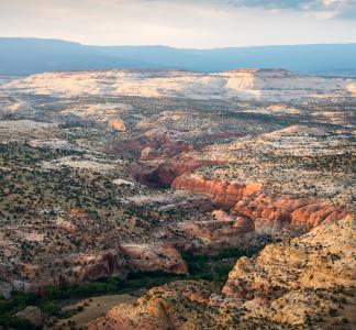 Photo of Grand Staircase-Escalante National Monument in Utah. Vast landscape made up of reds and beige with a blue sky overhead