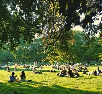 People enjoying green city park