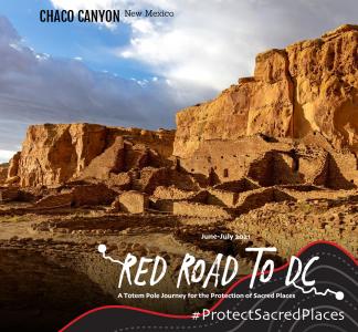 Puebloan southwestern ruins in desert landscape under blue and cloudy sky, with titles reading "Chaco Canyon, New Mexico" and "Red Road to DC"