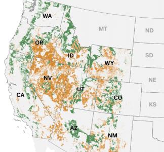 Section of map of United States with tracts of land filled in orange and green