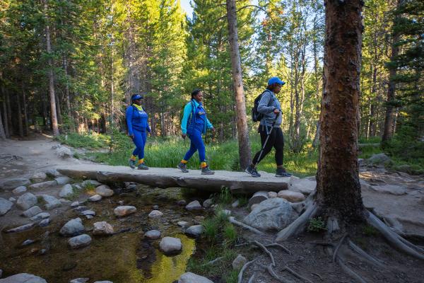 Three women hike on a forested trail