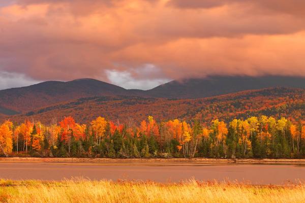 Fall foliage and mountains in the High Peaks region of Maine.