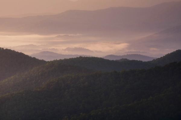 Hills and fog in Pisgah National Forest, North Carolina.