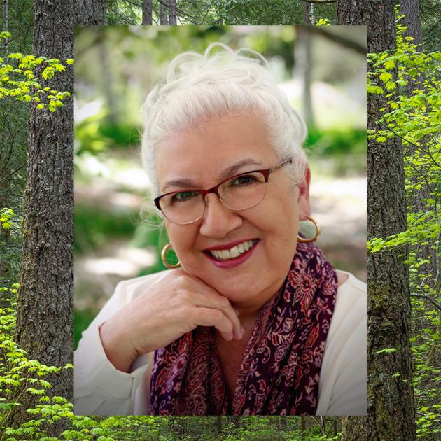 Headshot of Elva Yanez overlaid on top of a forest background
