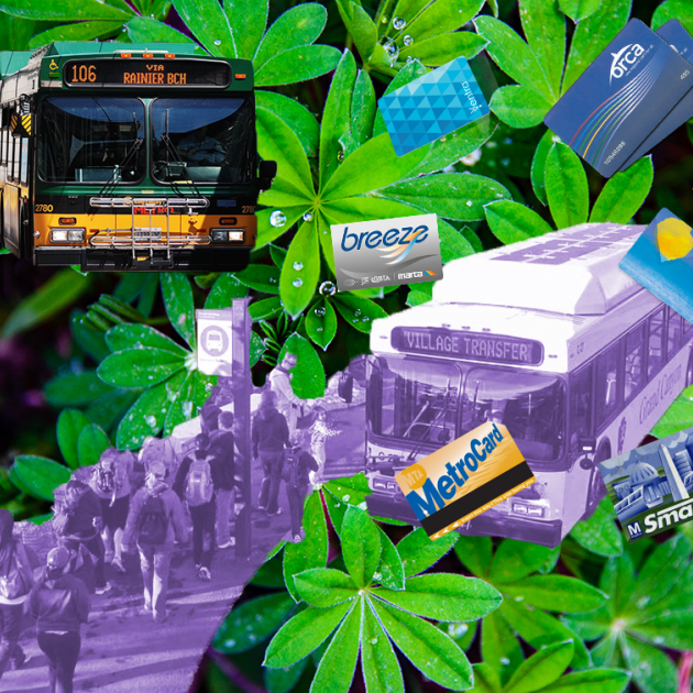 A line of people wait to get on a bus superimposed on top of a close of flora. A ring of different transit cards across the nation.