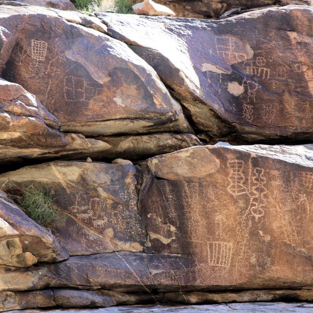 Petroglyphs on rocks in a sunlit setting 