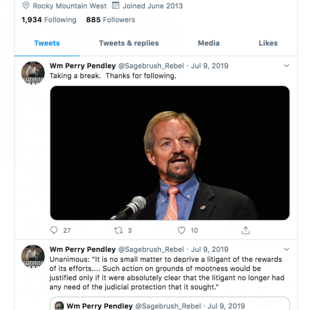 Screenshot of a Twitter feed belonging to William Perry Pendley