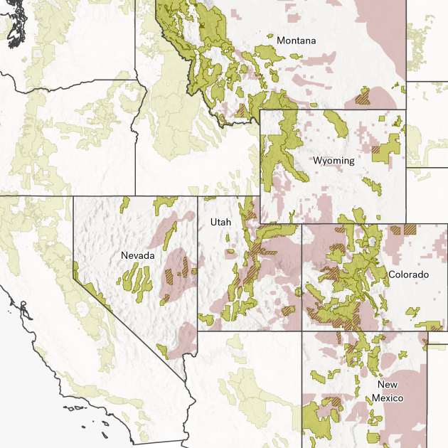 close view of map showing areas in western states where there is high oil and gas potential on U.S. Forest Service lands 