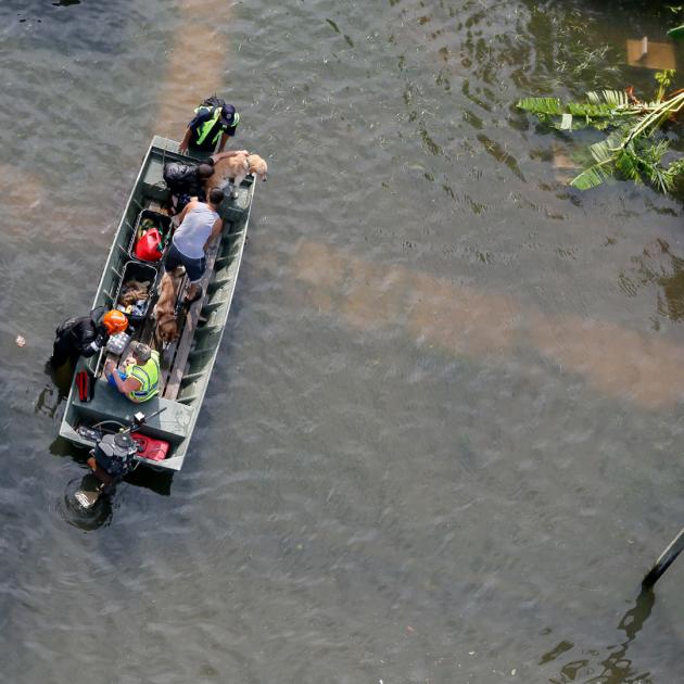 Aerial view of a people in a boat that's floating on brownish flood waters