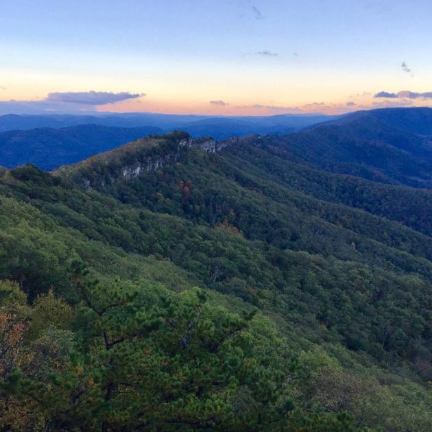 Rolling mountain landscape covered in forest in Monongahela National Forest, West Virginia