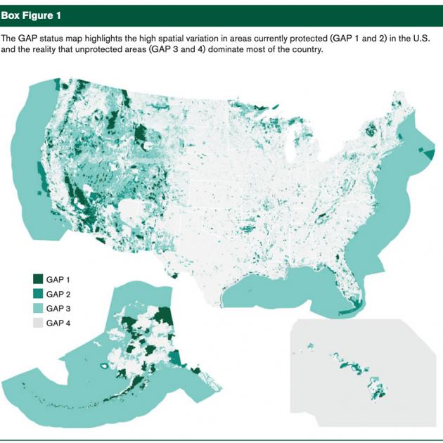  GAP status map highlights the high spatial variation in areas currently protected (GAP 1 and 2) in the U.S.