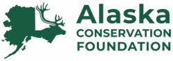 Green outline of state of Alaska with green text that reads "Alaska Conservation Foundation"